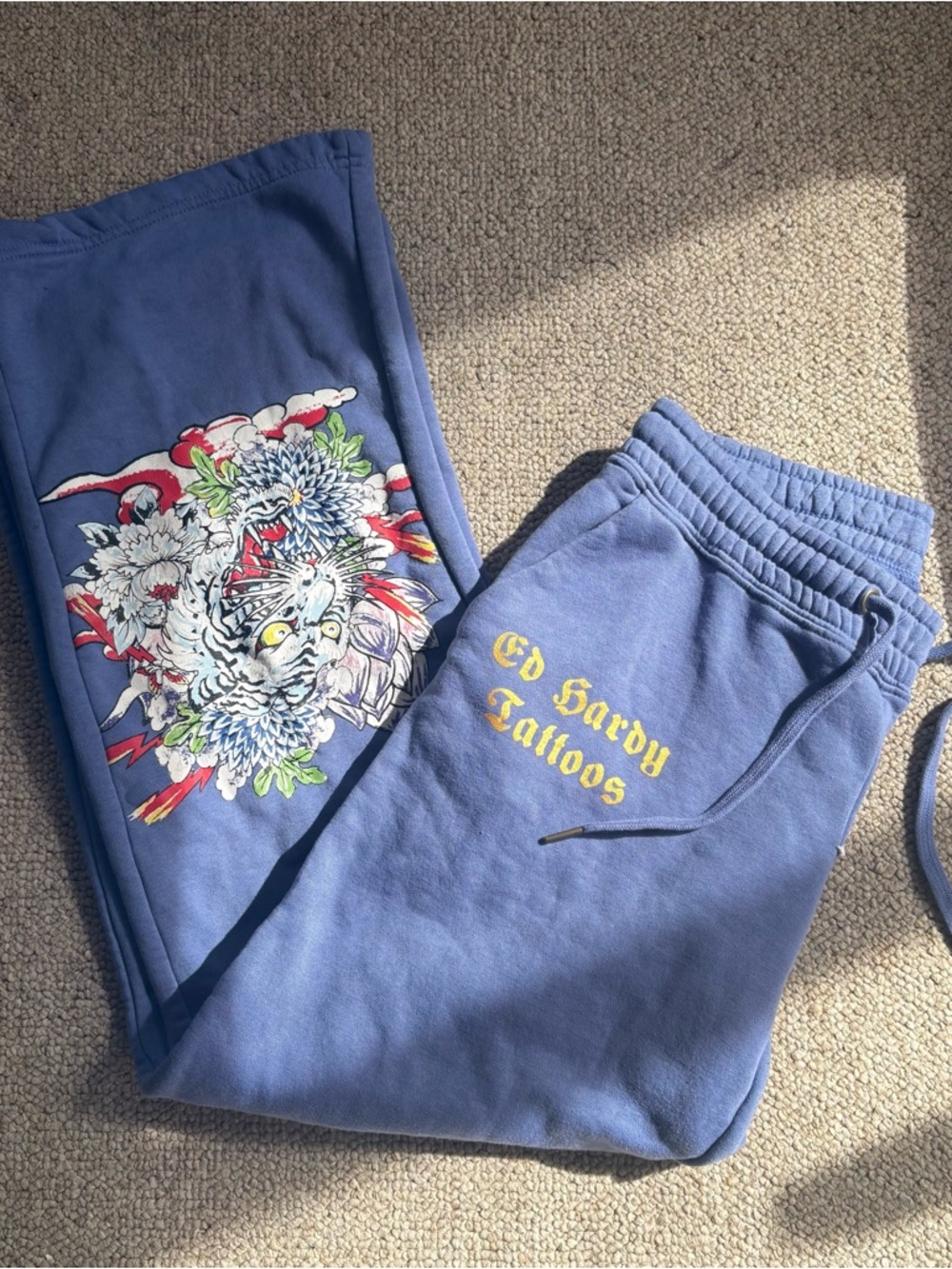 Ed Hardy Purple Sweatpants with Vibrant Tattoo Graphic